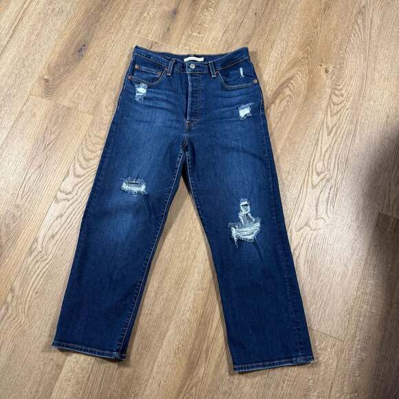 Levi’s Ribcage Straight Ankle Jeans Distressed Dark Wash W30 L27 High Rise - Picture 2 of 10